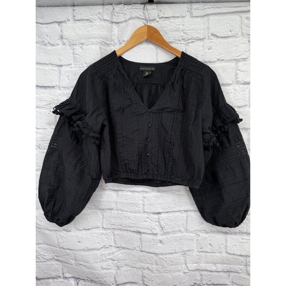 House of Harlow 1960 Black Boho Cropped Blouse Ruffle Pom Pom Lace Top Small